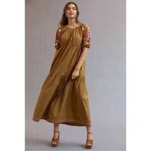 Anthropologie Let Me Be Maxi Dress Size XL Camel Embroidered Peasant Bohemian